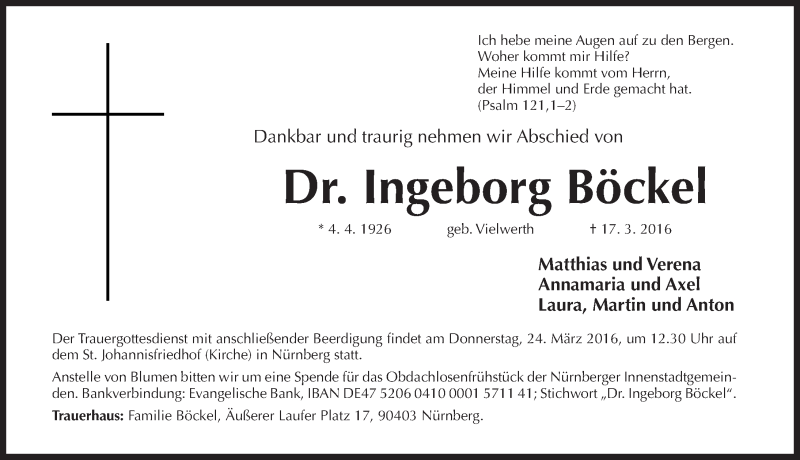  Traueranzeige für Ingeborg Böckel vom 19.03.2016 aus Gesamtausgabe Nürnberger Nachrichten/ Nürnberger Ztg.