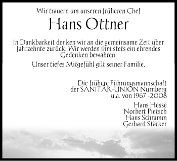 Traueranzeige von Hans Ottner von Gesamtausgabe Nürnberger Nachrichten/ Nürnberger Ztg.