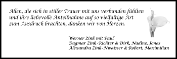 Traueranzeige von Liane Maria Zink von Schwabach