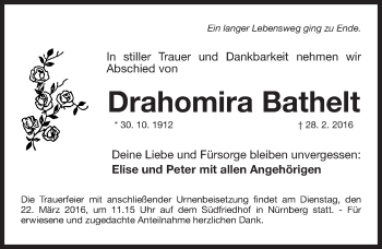 Traueranzeige von Drahomira Bathelt von Gesamtausgabe Nürnberger Nachrichten/ Nürnberger Ztg.
