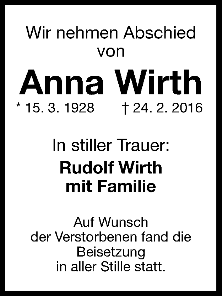 Traueranzeigen Von Anna Wirth | Trauer.nn.de