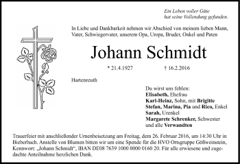 Traueranzeige von Johann Schmidt von Nordbayerische Nachrichten Forchheim Lokal
