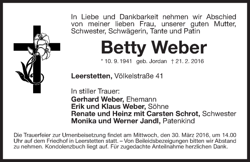  Traueranzeige für Betty Weber vom 26.03.2016 aus Fürther Nachrichten Lokal