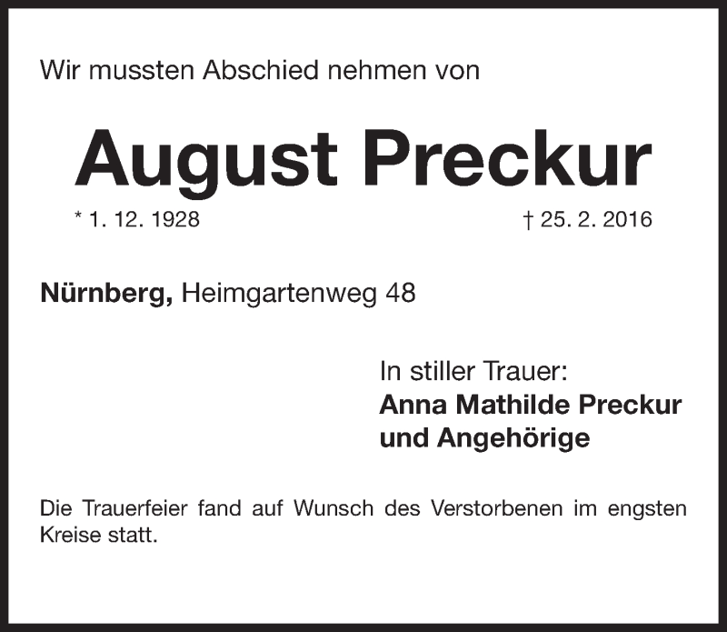  Traueranzeige für August Preckur vom 19.03.2016 aus Gesamtausgabe Nürnberger Nachrichten/ Nürnberger Ztg.
