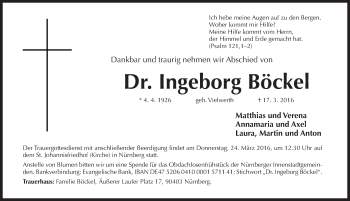 Traueranzeige von Ingeborg Böckel von Gesamtausgabe Nürnberger Nachrichten/ Nürnberger Ztg.