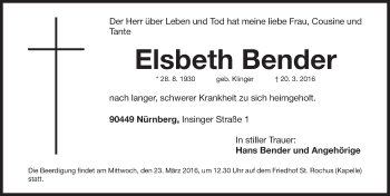 Traueranzeige von Elsbeth Bender von Gesamtausgabe Nürnberger Nachrichten/ Nürnberger Ztg.