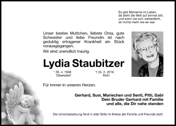 Traueranzeige von Lydia Staubitzer von Roth-Hilpoltsteiner Volkszeitung Lokal