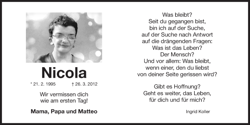  Traueranzeige für Nicola David Binner vom 26.03.2016 aus Nordbayerische Nachrichten Herzogenaurach Lokal