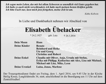Traueranzeige von Elisabeth Übelacker von Erlanger Nachrichten Lokal