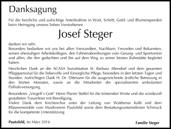 Traueranzeige von Josef Steger von Nordbayerische Nachrichten Forchheim Lokal