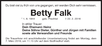 Traueranzeige von Betty Falk von Gesamtausgabe Nürnberger Nachrichten/ Nürnberger Ztg.