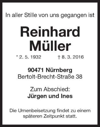 Traueranzeige von Reinhard Müller von Gesamtausgabe Nürnberger Nachrichten/ Nürnberger Ztg.