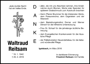 Traueranzeige von Waltraud Reitsam von Altmühl-Bote Lokal