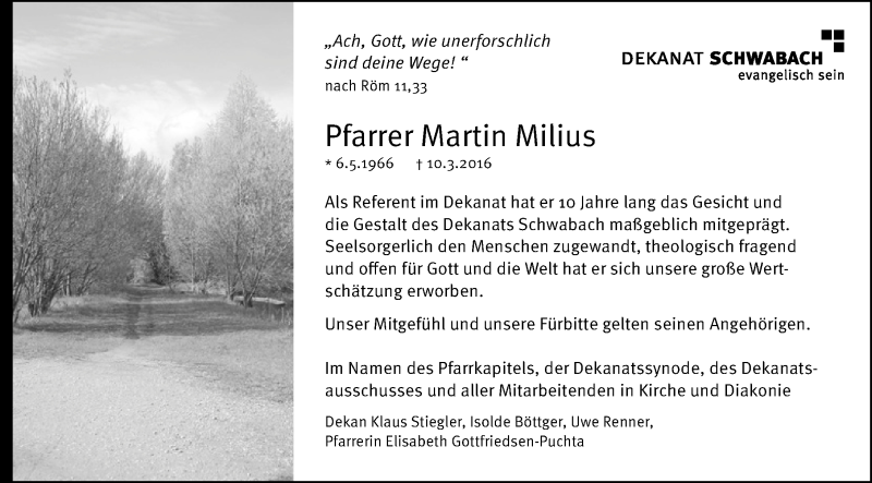  Traueranzeige für Martin Milius vom 16.03.2016 aus Schwabach