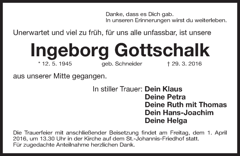  Traueranzeige für Ingeborg Gottschalk vom 30.03.2016 aus Gesamtausgabe Nürnberger Nachrichten/ Nürnberger Ztg.
