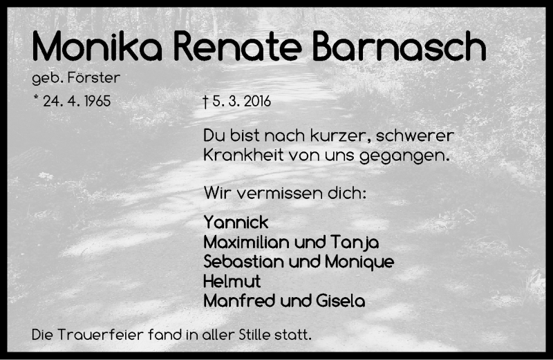  Traueranzeige für Monika Renate Barnasch  vom 11.03.2016 aus Fürther Nachrichten Lokal