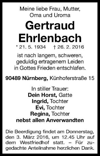 Traueranzeige von Gertraud Ehrlenbach von Gesamtausgabe Nürnberger Nachrichten/ Nürnberger Ztg.