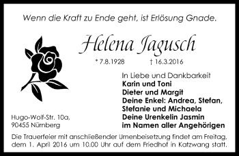 Traueranzeige von Helena Jagusch von Gesamtausgabe Nürnberger Nachrichten/ Nürnberger Ztg.