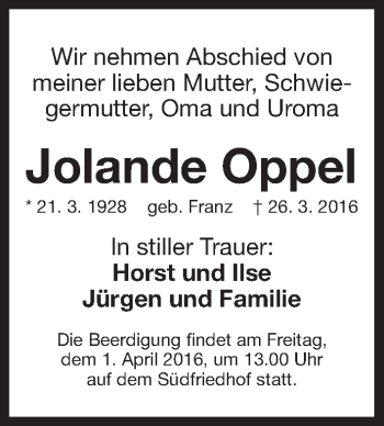 Traueranzeige von Jolande Oppel von Gesamtausgabe Nürnberger Nachrichten/ Nürnberger Ztg.