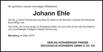 Traueranzeige von Johann Ehle von Gesamtausgabe Nürnberger Nachrichten/ Nürnberger Ztg.