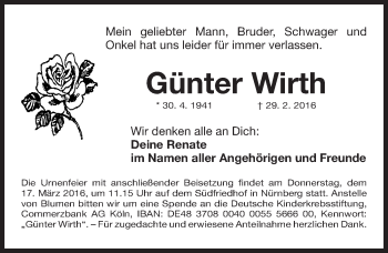 Traueranzeige von Günter Wirth von Gesamtausgabe Nürnberger Nachrichten/ Nürnberger Ztg.