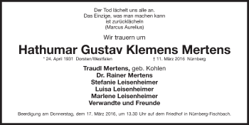 Traueranzeige von Hathumar Gustav Klemens Mertens von Gesamtausgabe Nürnberger Nachrichten/ Nürnberger Ztg.