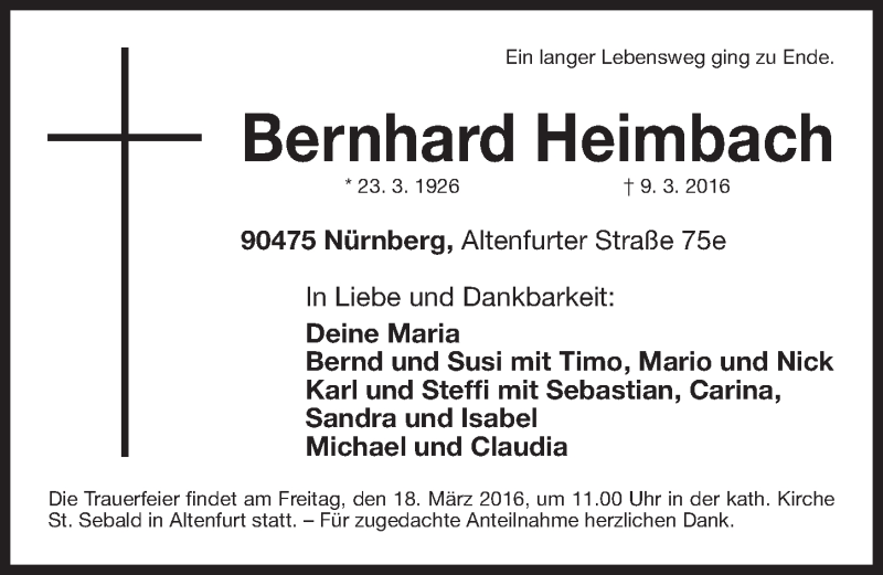  Traueranzeige für Bernhard Heimbach vom 12.03.2016 aus Gesamtausgabe Nürnberger Nachrichten/ Nürnberger Ztg.