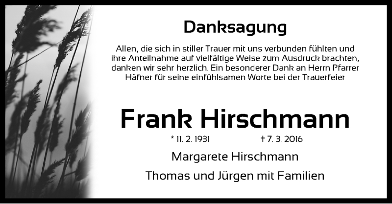  Traueranzeige für Frank Hirschmann vom 12.03.2016 aus Gesamtausgabe Nürnberger Nachrichten/ Nürnberger Ztg.