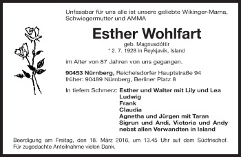 Traueranzeige von Esther Wohlfart von Gesamtausgabe Nürnberger Nachrichten/ Nürnberger Ztg.