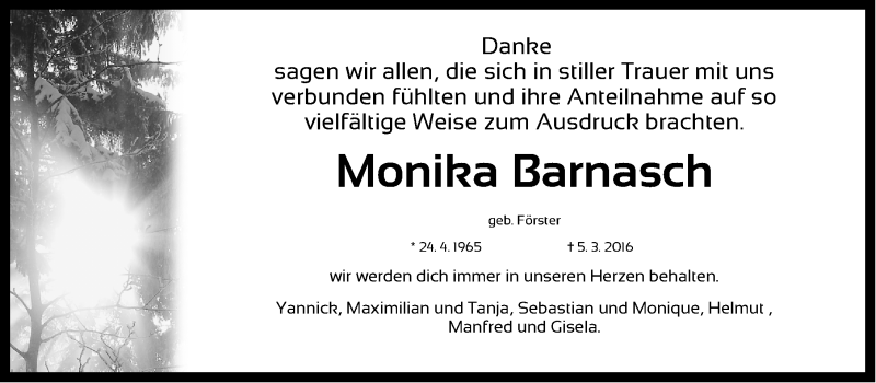  Traueranzeige für Monika Renate Barnasch  vom 26.03.2016 aus Fürther Nachrichten Lokal