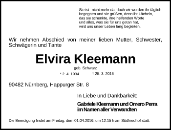 Traueranzeige von Elvira Kleemann von Gesamtausgabe Nürnberger Nachrichten/ Nürnberger Ztg./ Fürther Nachrichten