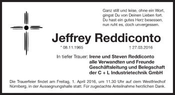 Traueranzeige von Jeffrey Reddiconto von Gesamtausgabe Nürnberger Nachrichten/ Nürnberger Ztg.