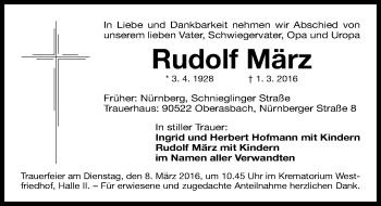 Traueranzeige von Rudolf März von Gesamtausgabe Nürnberger Nachrichten/ Nürnberger Ztg.