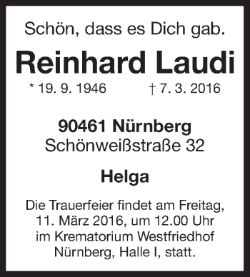 Traueranzeige von Reinhard Laudi von Gesamtausgabe Nürnberger Nachrichten/ Nürnberger Ztg.