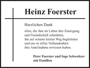 Traueranzeige von Heinz Foerster von Gesamtausgabe Nürnberger Nachrichten/ Nürnberger Ztg./ Fürther Nachrichten