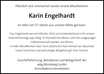 Traueranzeige von Karin Engelhardt von Gesamtausgabe Nürnberger Nachrichten/ Nürnberger Ztg.