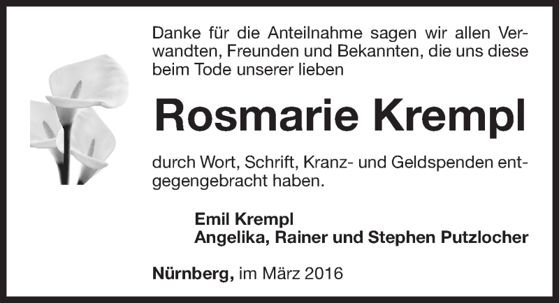  Traueranzeige für Rosmarie Krempl vom 26.03.2016 aus Gesamtausgabe Nürnberger Nachrichten/ Nürnberger Ztg.