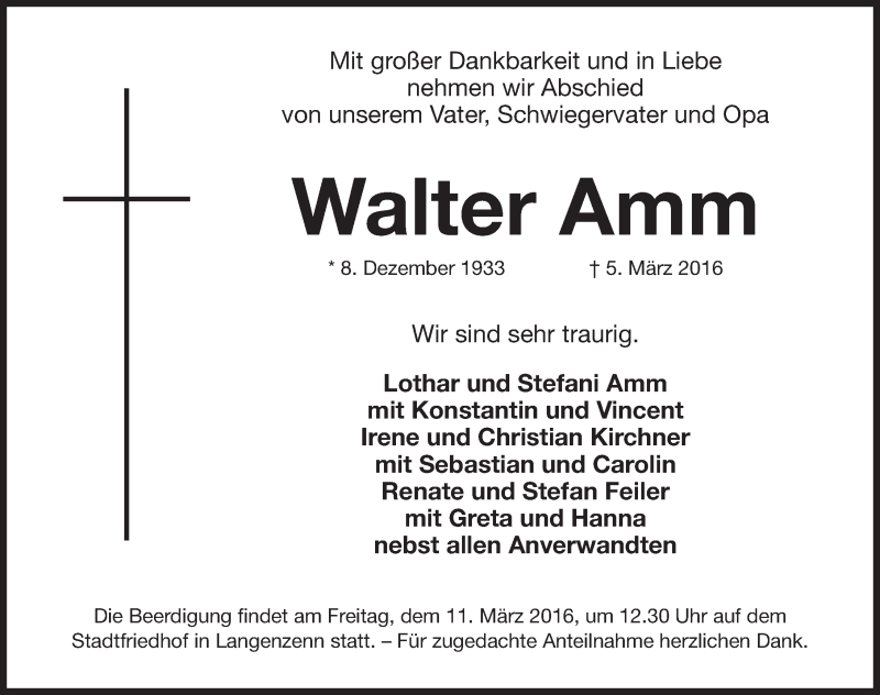  Traueranzeige für Walter Amm vom 09.03.2016 aus Gesamtausgabe Nürnberger Nachrichten/ Nürnberger Ztg.