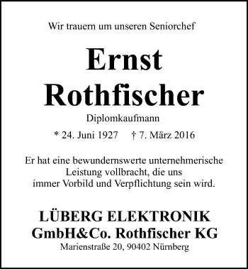 Traueranzeige von Ernst Rothfischer von Gesamtausgabe Nürnberger Nachrichten/ Nürnberger Ztg.