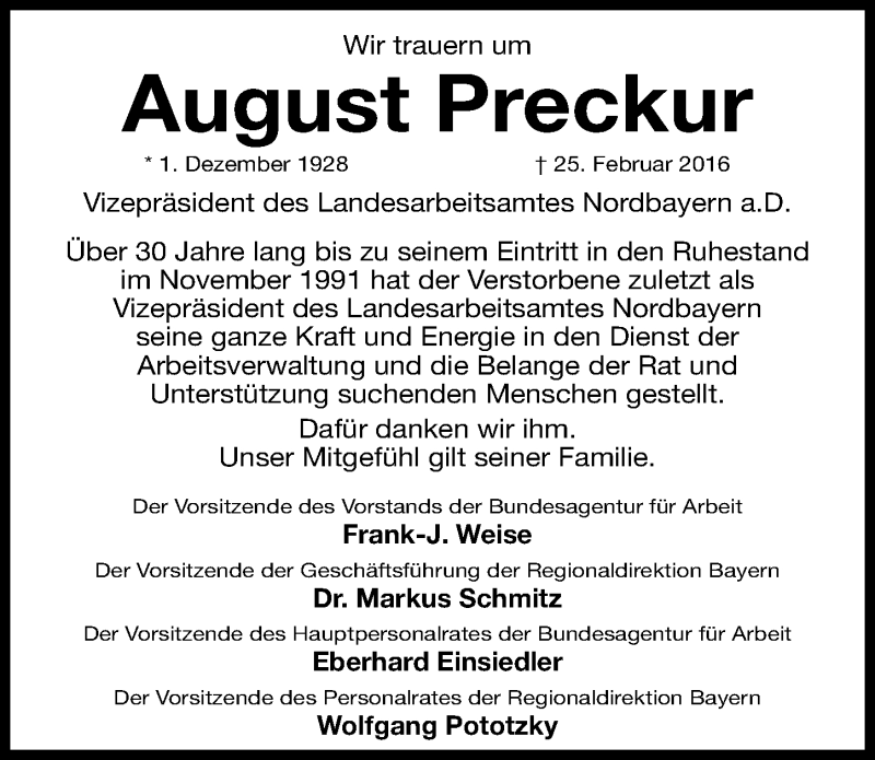  Traueranzeige für August Preckur vom 19.03.2016 aus Gesamtausgabe Nürnberger Nachrichten/ Nürnberger Ztg.