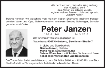 Traueranzeige von Peter Janzen von Gesamtausgabe Nürnberger Nachrichten/ Nürnberger Ztg.