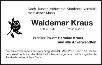 Traueranzeige von Waldemar Kraus von Gesamtausgabe Nürnberger Nachrichten/ Nürnberger Ztg.