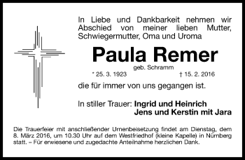 Traueranzeige von Paula Remer von Gesamtausgabe Nürnberger Nachrichten/ Nürnberger Ztg.