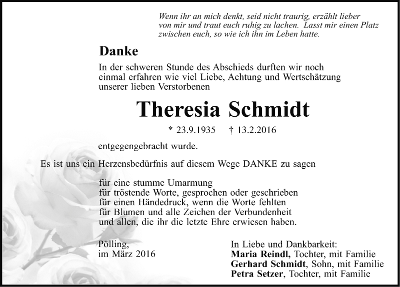  Traueranzeige für Theresia Schmidt vom 12.03.2016 aus Neumarkter Nachrichten Lokal
