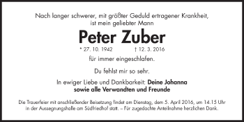 Traueranzeige von Peter Zuber von Gesamtausgabe Nürnberger Nachrichten/ Nürnberger Ztg.