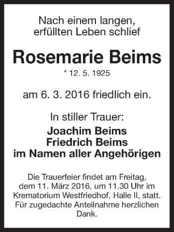 Traueranzeige von Rosemarie Beims von Gesamtausgabe Nürnberger Nachrichten/ Nürnberger Ztg.