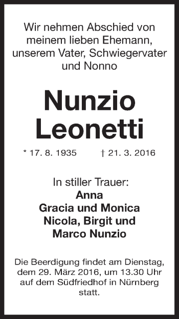 Traueranzeige von Nunzio Leonetti von Gesamtausgabe Nürnberger Nachrichten/ Nürnberger Ztg.