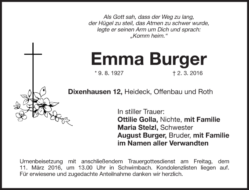  Traueranzeige für Emma Burger vom 09.03.2016 aus Roth-Hilpoltsteiner Volkszeitung Lokal
