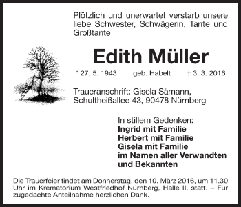 Traueranzeige von Edith Müller von Gesamtausgabe Nürnberger Nachrichten/ Nürnberger Ztg.