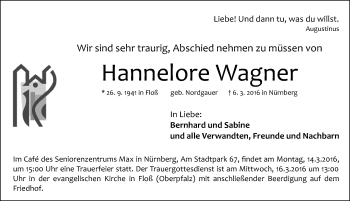 Traueranzeige von Hannelore Wagner von Gesamtausgabe Nürnberger Nachrichten/ Nürnberger Ztg.